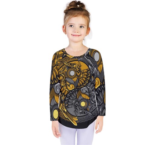 Yin-yang-owl-doodle-ornament-illustration Kids  Long Sleeve Tee by Simbadda