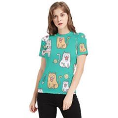 Seamless-pattern-cute-cat-cartoon-with-hand-drawn-style Women s Short Sleeve Rash Guard by Simbadda