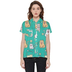 Seamless-pattern-cute-cat-cartoon-with-hand-drawn-style Short Sleeve Pocket Shirt by Simbadda