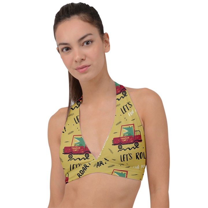 Childish-seamless-pattern-with-dino-driver Halter Plunge Bikini Top