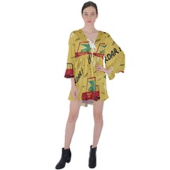 Childish-seamless-pattern-with-dino-driver V-neck Flare Sleeve Mini Dress by Simbadda