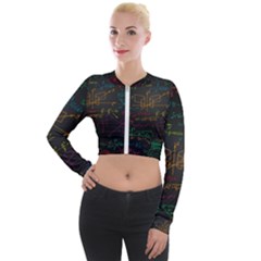 Mathematical-colorful-formulas-drawn-by-hand-black-chalkboard Long Sleeve Cropped Velvet Jacket by Simbadda