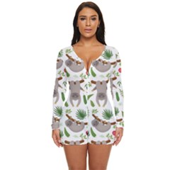 Seamless-pattern-with-cute-sloths Long Sleeve Boyleg Swimsuit by Simbadda