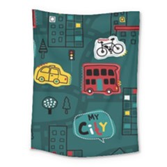 Seamless-pattern-hand-drawn-with-vehicles-buildings-road Medium Tapestry by Simbadda