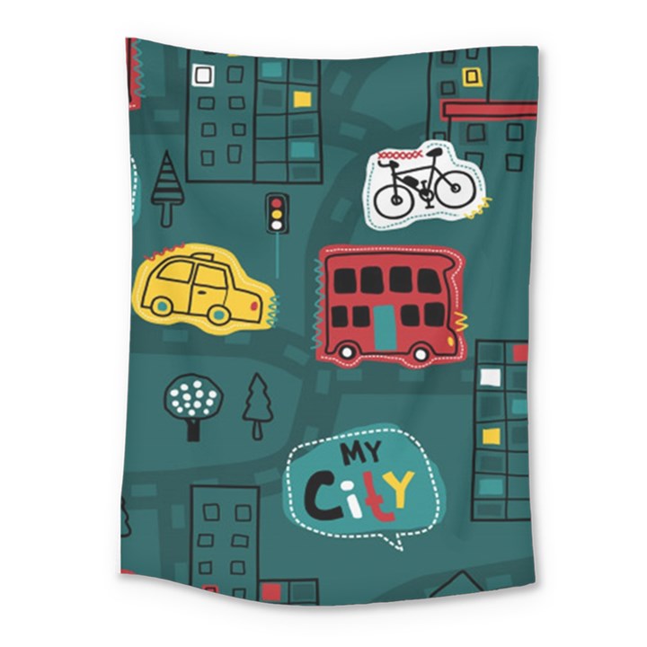 Seamless-pattern-hand-drawn-with-vehicles-buildings-road Medium Tapestry