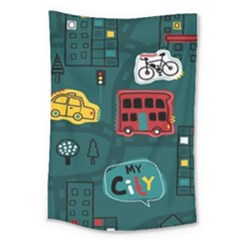 Seamless-pattern-hand-drawn-with-vehicles-buildings-road Large Tapestry by Simbadda