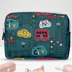 Seamless-pattern-hand-drawn-with-vehicles-buildings-road Make Up Pouch (medium) by Simbadda