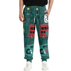 Seamless-pattern-hand-drawn-with-vehicles-buildings-road Men s Elastic Waist Pants by Simbadda