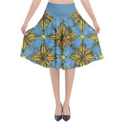 Gold Abstract Flowers Pattern At Blue Background Flared Midi Skirt by Casemiro