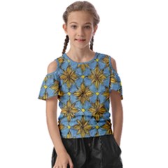 Gold Abstract Flowers Pattern At Blue Background Kids  Butterfly Cutout Tee by Casemiro