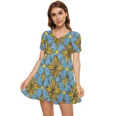 Gold Abstract Flowers Pattern At Blue Background Tiered Short Sleeve Babydoll Dress by Casemiro