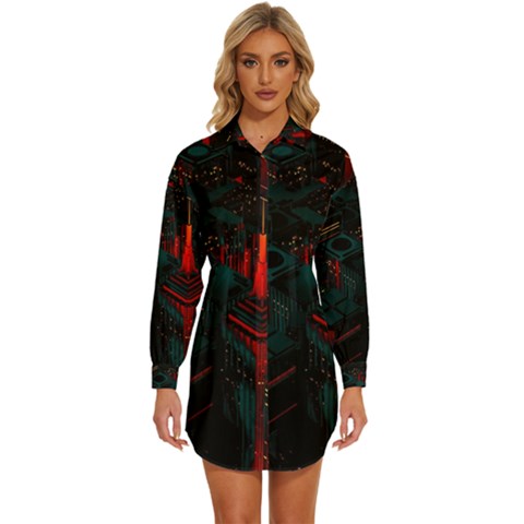 A Dark City Vector Womens Long Sleeve Shirt Dress by Proyonanggan