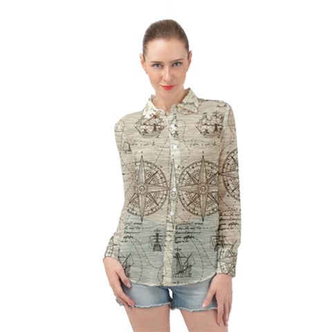 Vintage World Map Antique Long Sleeve Chiffon Shirt by Proyonanggan