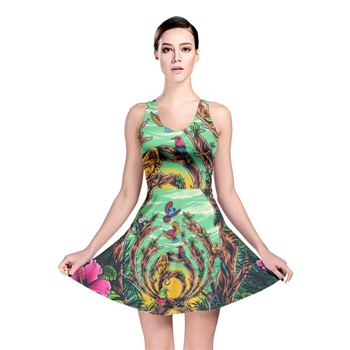 Monkey Tiger Bird Parrot Forest Jungle Style Reversible Skater Dress