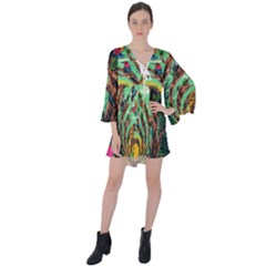 Monkey Tiger Bird Parrot Forest Jungle Style V-neck Flare Sleeve Mini Dress by Grandong