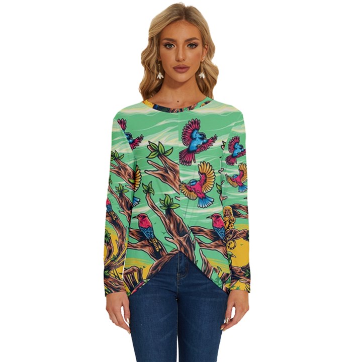 Monkey Tiger Bird Parrot Forest Jungle Style Long Sleeve Crew Neck Pullover Top