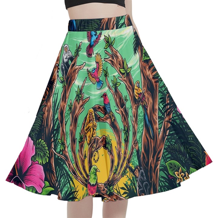 Monkey Tiger Bird Parrot Forest Jungle Style A-Line Full Circle Midi Skirt With Pocket