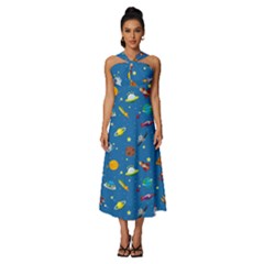 Space Rocket Solar System Pattern Sleeveless Cross Front Cocktail Midi Chiffon Dress by Bangk1t