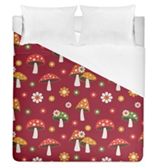 Woodland Mushroom And Daisy Seamless Pattern On Red Backgrounds Duvet Cover (queen Size) by Amaryn4rt