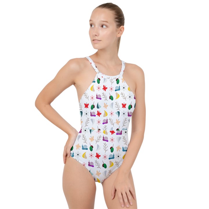 Snail Butterfly Pattern Seamless High Neck One Piece Swimsuit