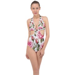 Flower Rose Pink Halter Front Plunge Swimsuit by Ravend