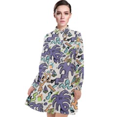 Purple Orange Green Blue Cartoon Long Sleeve Chiffon Shirt Dress by Grandong