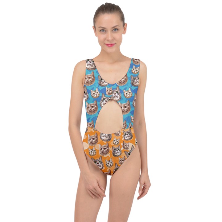 Cat Cute Blue Center Cut Out Swimsuit