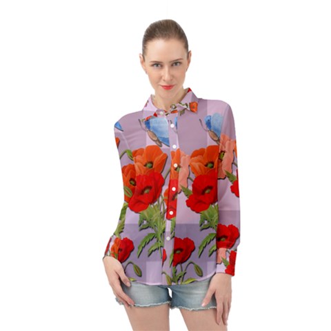 Seamless Pattern With Roses And Butterflies Long Sleeve Chiffon Shirt by shoopshirt