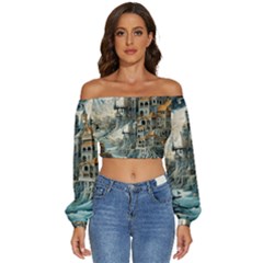 Castle Storm Sea Long Sleeve Crinkled Weave Crop Top by pakminggu