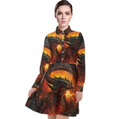 Dragon Art Fire Digital Fantasy Long Sleeve Chiffon Shirt Dress by Bedest