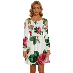 Roses-white Long Sleeve Wide Neck Velvet Dress by nateshop