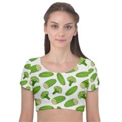 Vegetable Pattern With Composition Broccoli Velvet Short Sleeve Crop Top  by pakminggu