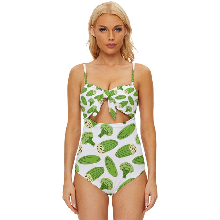 Vegetable Pattern With Composition Broccoli Knot Front One-Piece Swimsuit