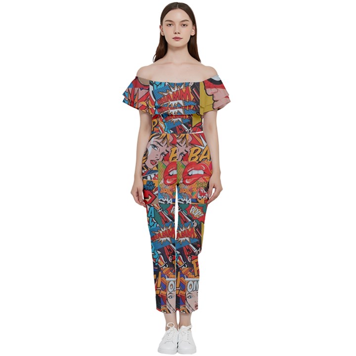 Comic Cartoon Pattern Bardot Ruffle jumpsuit