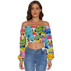 Illustration Cartoon Character Animal Cute Long Sleeve Crinkled Weave Crop Top by Cowasu