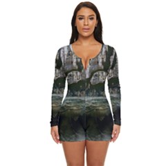 Sea-island-castle-landscape Long Sleeve Boyleg Swimsuit by Cowasu