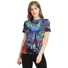 Castle Starry Night Print Van Gogh Parody Women s Short Sleeve Rash Guard by Sarkoni