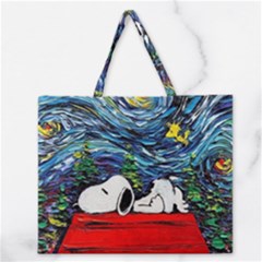 Dog Cartoon Vincent Van Gogh s Starry Night Parody Zipper Large Tote Bag by Sarkoni