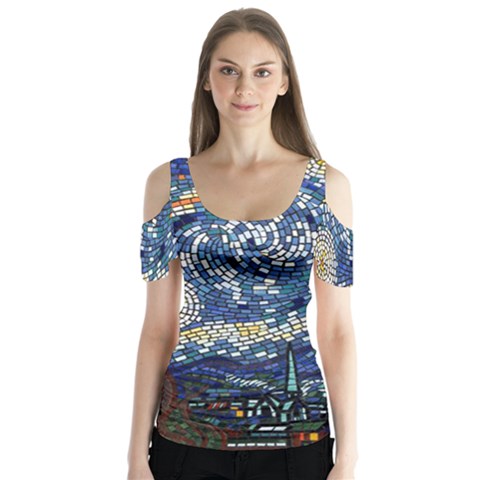 Mosaic Art Vincent Van Gogh s Starry Night Butterfly Sleeve Cutout T-shirt  by Sarkoni