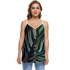 Calathea Leaves Strippe Line Casual Spaghetti Strap Chiffon Top by Ravend