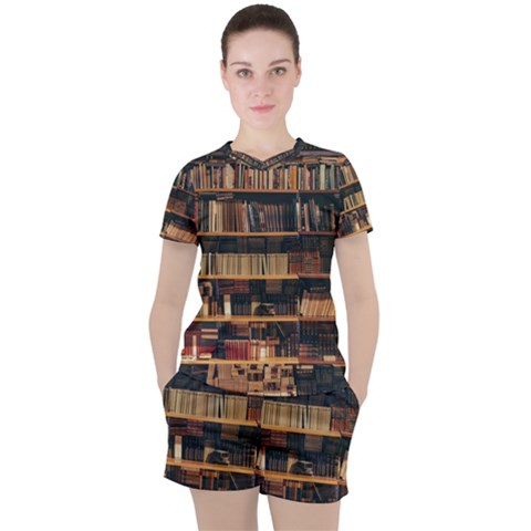 Books On Bookshelf Assorted Color Book Lot In Bookcase Library Women s T-shirt And Shorts Set by Ravend