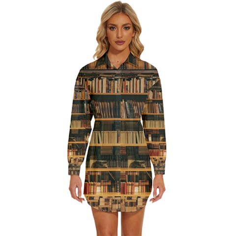 Books On Bookshelf Assorted Color Book Lot In Bookcase Library Womens Long Sleeve Shirt Dress by Ravend