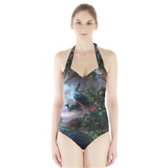 Peacock Art Painting Halter Swimsuit by Ndabl3x