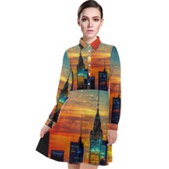 New York City Skyline Usa Long Sleeve Chiffon Shirt Dress by Ndabl3x