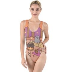 Pusheen Cute Fall The Cat High Leg Strappy Swimsuit by Ndabl3x