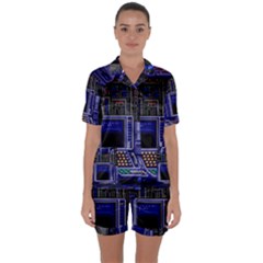 Blue Computer Monitor With Chair Game Digital Art Satin Short Sleeve Pajamas Set by Bedest