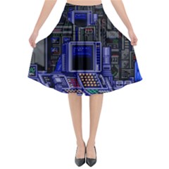 Blue Computer Monitor With Chair Game Digital Art Flared Midi Skirt by Bedest