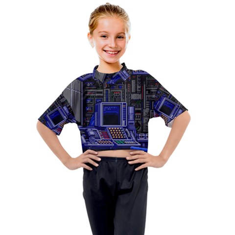 Blue Computer Monitor With Chair Game Digital Art Kids Mock Neck T-shirt by Bedest