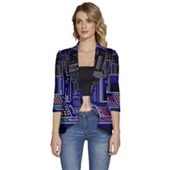 Blue Computer Monitor With Chair Game Digital Art Women s 3/4 Sleeve Ruffle Edge Open Front Jacket by Bedest