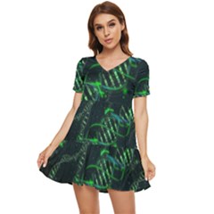 Green And Black Abstract Digital Art Tiered Short Sleeve Babydoll Dress by Bedest